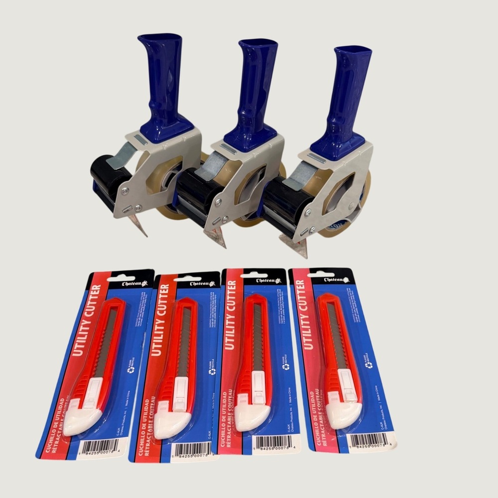 Lot of 3 Packing Tape Gun Dispensers with 2" Tape and 4 Chateau Utility Cutters